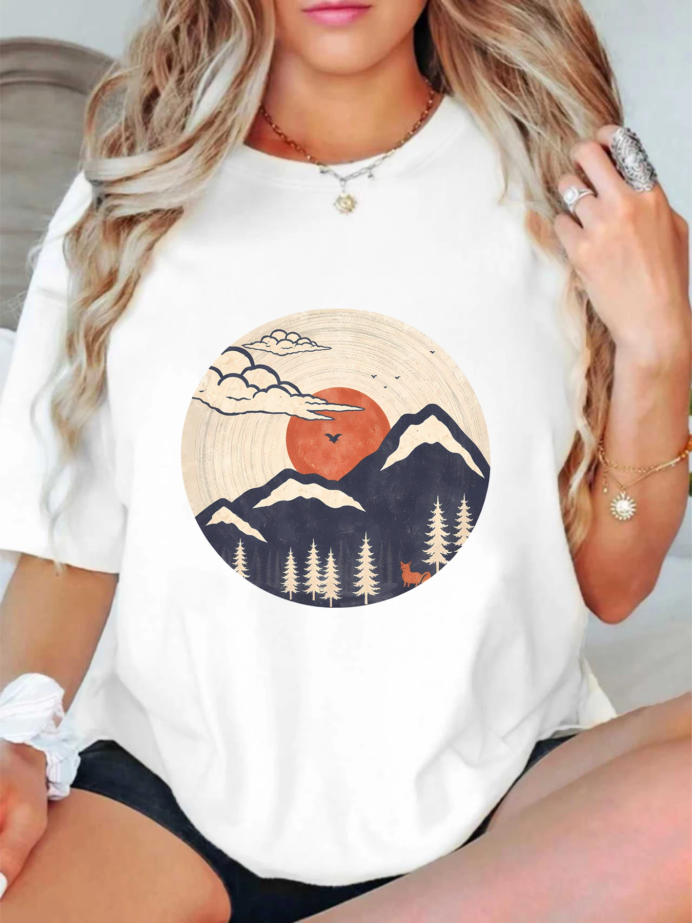 

【ZXH11417】Sun Mountain printed plus size women's round neck summer casual short sleeved street fashion versatile T-shirt