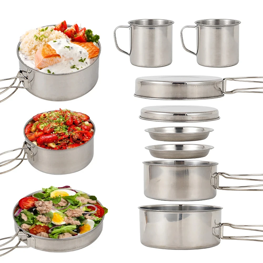 8pcs/Set Camping Cookware Mess Kit Stainless Steel Cooking Pot and Pan Set with Plates Cups for Outdoor Hiking Backpacking image 2