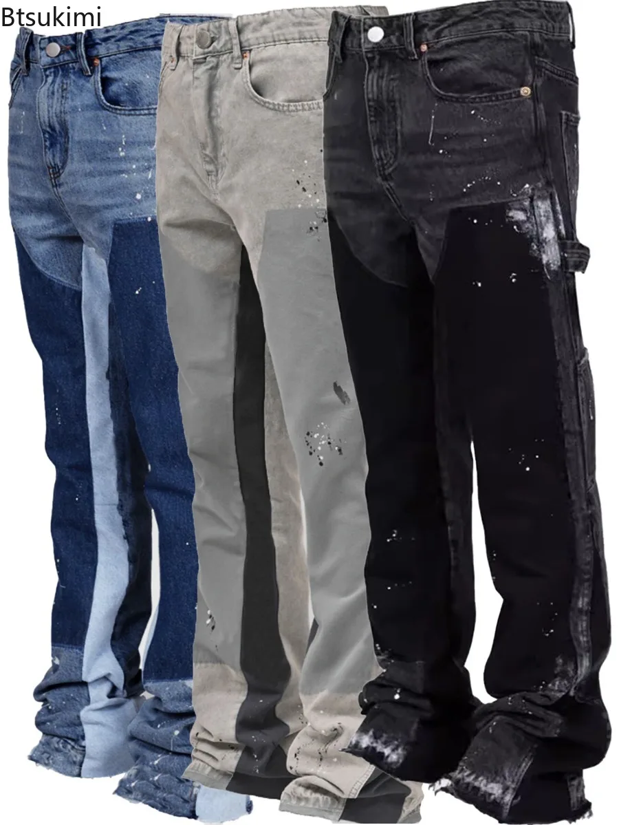 New Fashion High Street Men's Jeans Loose Straight Casual Work Pants American Style Vintage Layered Micro Flare Pants Streetwear