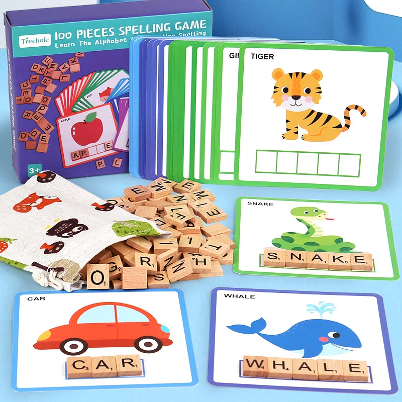 Juguete de palabras de madera Montessori para niños, juego cognitivo de letras, 100 piezas, juegos de ortografía, aprendizaje temprano, juguetes educativos