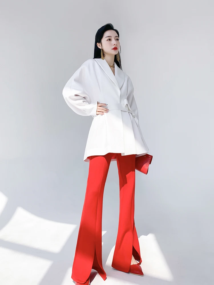 

AKSAYA Faionable White Suit Jaet Women's Long Sve Batwing Sve Tie Design Street Sle Pure Color Spring Autumn