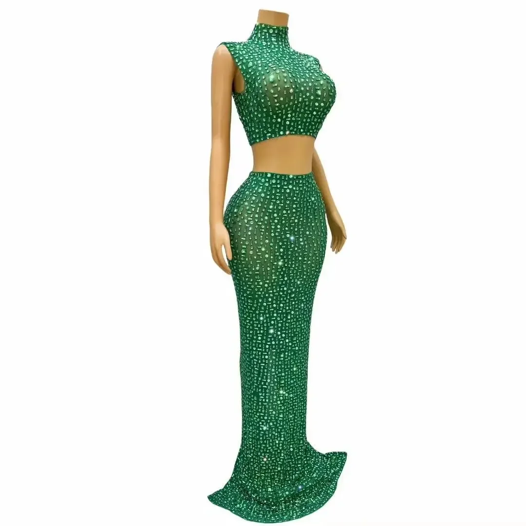 New Sparkle Diamond Elastic Green Mesh 2-piece set  Long Dress Elegant Celebrity Evening Party Nightclub Birthday Prom Show Wear