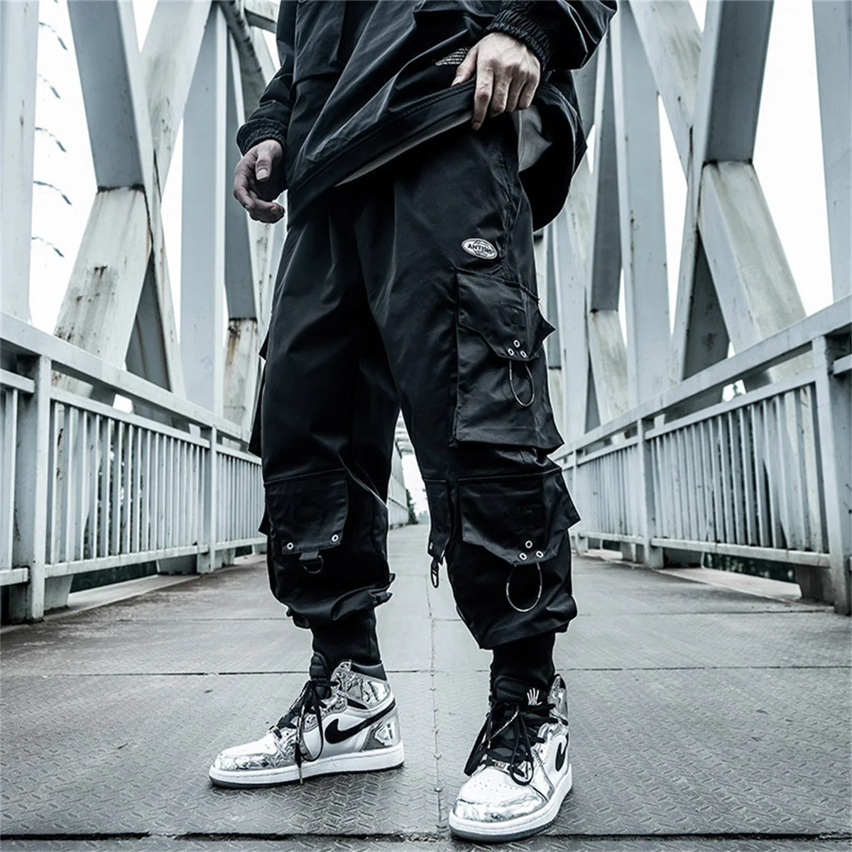 Men Black Cool Cargo Pants Pockets Gray Loose Out Door Elasticity Sports Oversize Kpop High Street Korean Pants Streetwear