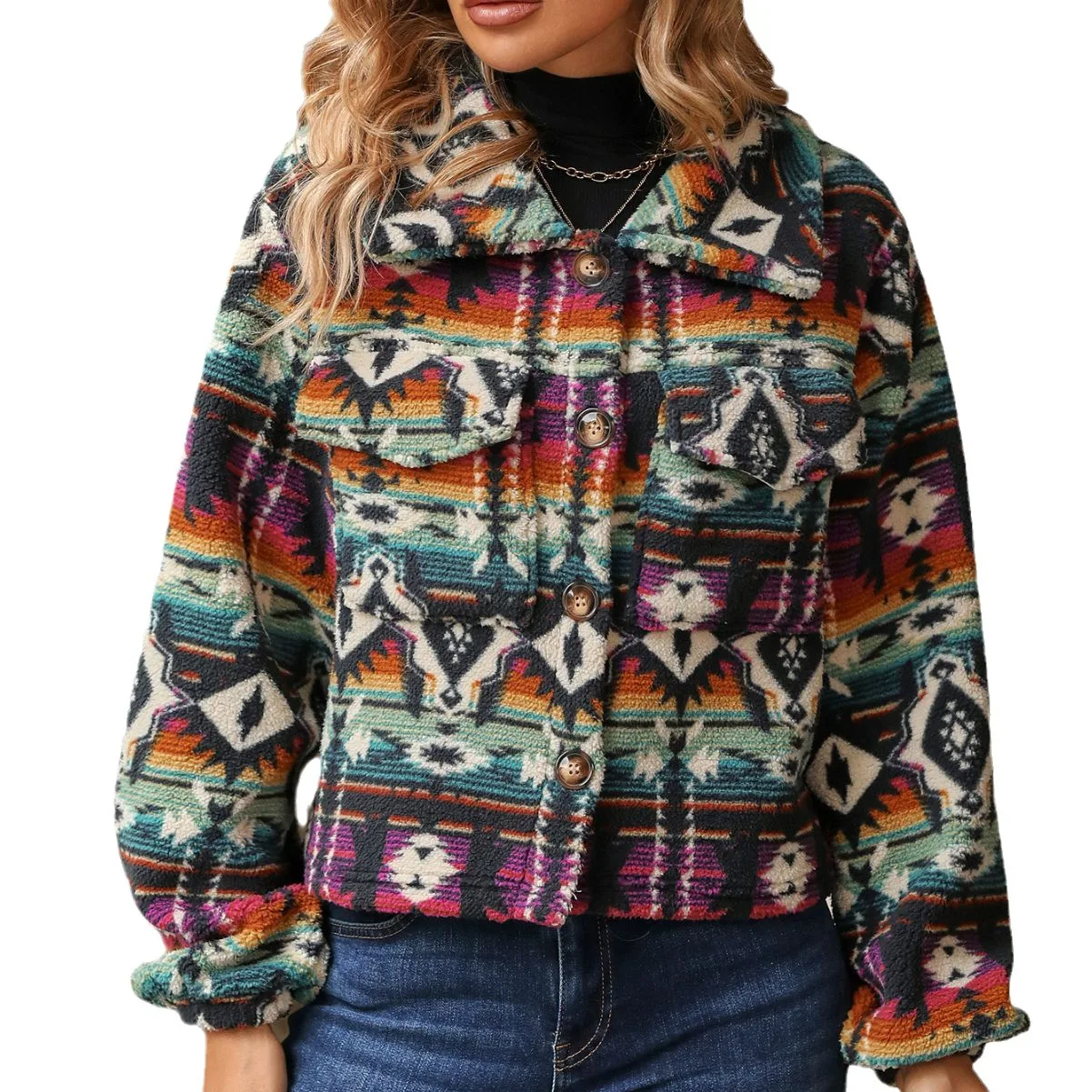 

2025 New Fashion Printed Button Lapel Jacket Women Winter Casual Retro Pocket Short Jacket For Women Ethnic Style Jaketc