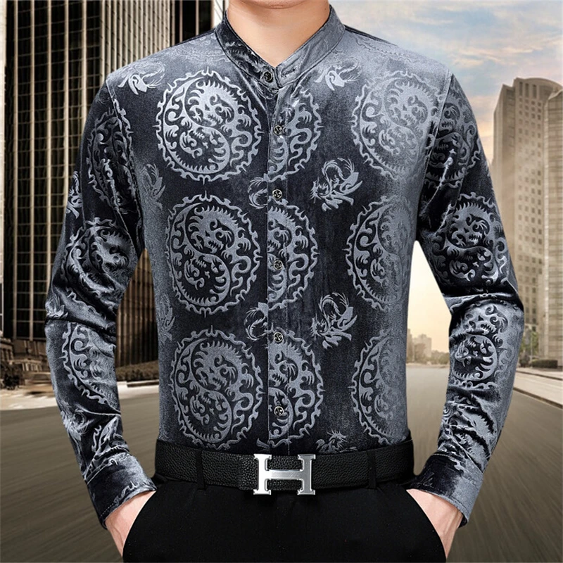 

Stand Collar Velvet Fashion Shirts For Men Long Sleeve Easy Care Autumn Quality Soft Comfortable Casual Luxury Camisas De Hombre