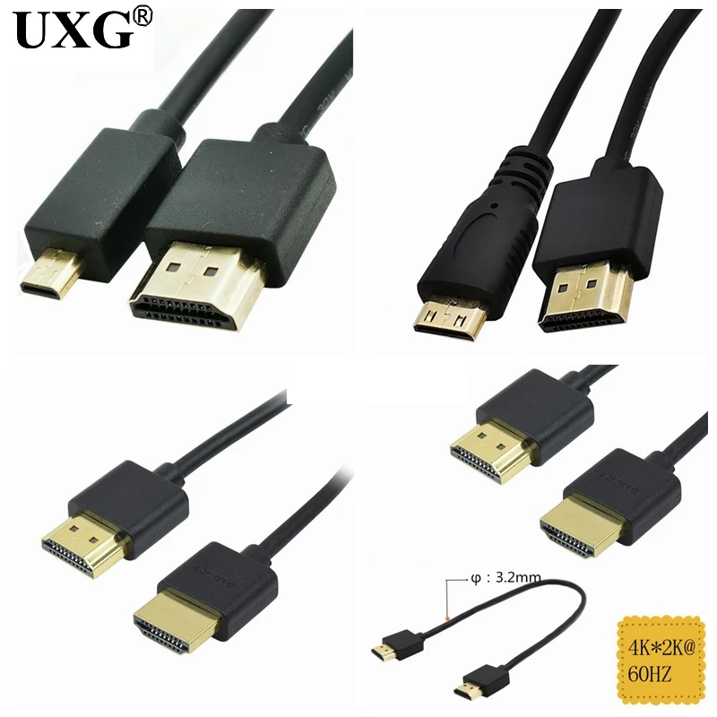 Super miękki kabel cienkie krótkie męski do Micro Mini HDMI 2k 4k HDTV 8K @ 60hz lekki przenośny 30cm 60cm 1M