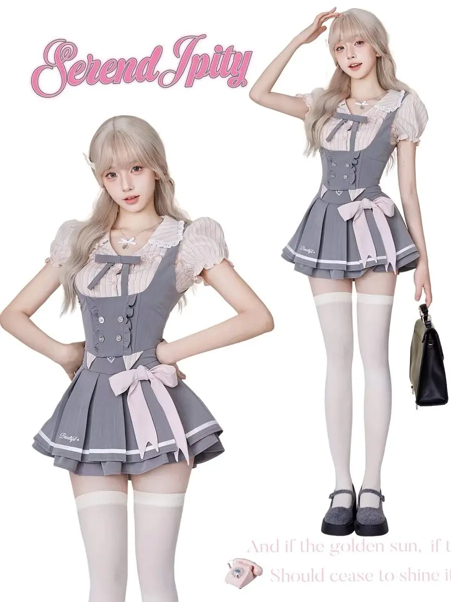 Woman Japanese Style Puff Sleeves 3 Piece Skirt Set College Style Casual Shirt Vest+Hot Girls Sweet Mini Skirt Cute Fashion Suit