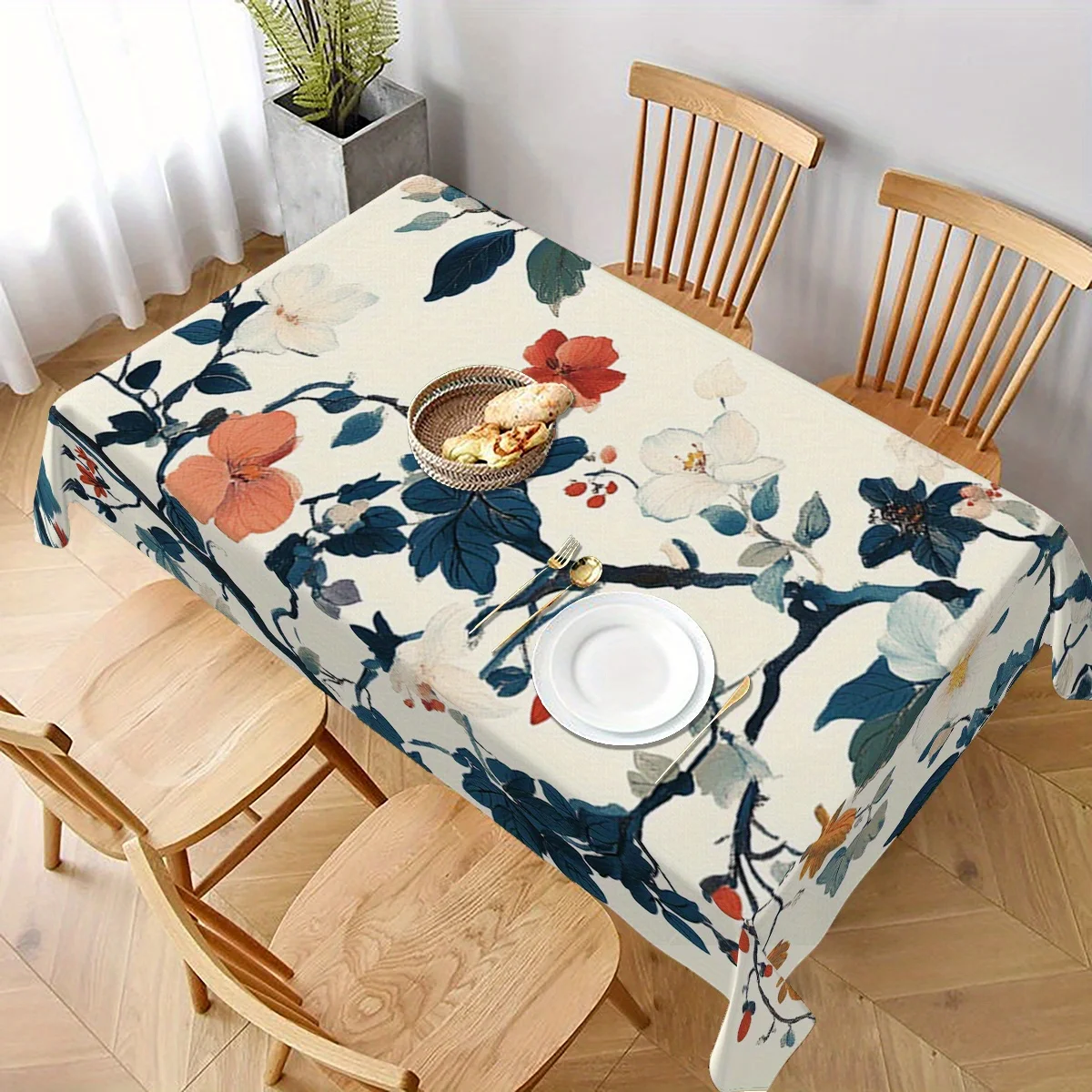 Vintage Chinese Blossom Tablecloth Decorative Table Cover Dining Table, Casual Gathering Watercolor Botanical Table Decoration