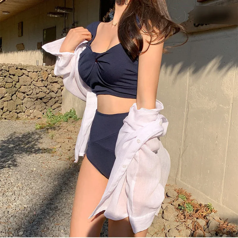 Elegancki strój kąpielowy bikini z wysokim stanem i odkrytymi plecami w stylu koreańskim, modelujący brzuch, idealny na wakacje, dwuczęściowy zestaw bikini damskich, 2026.