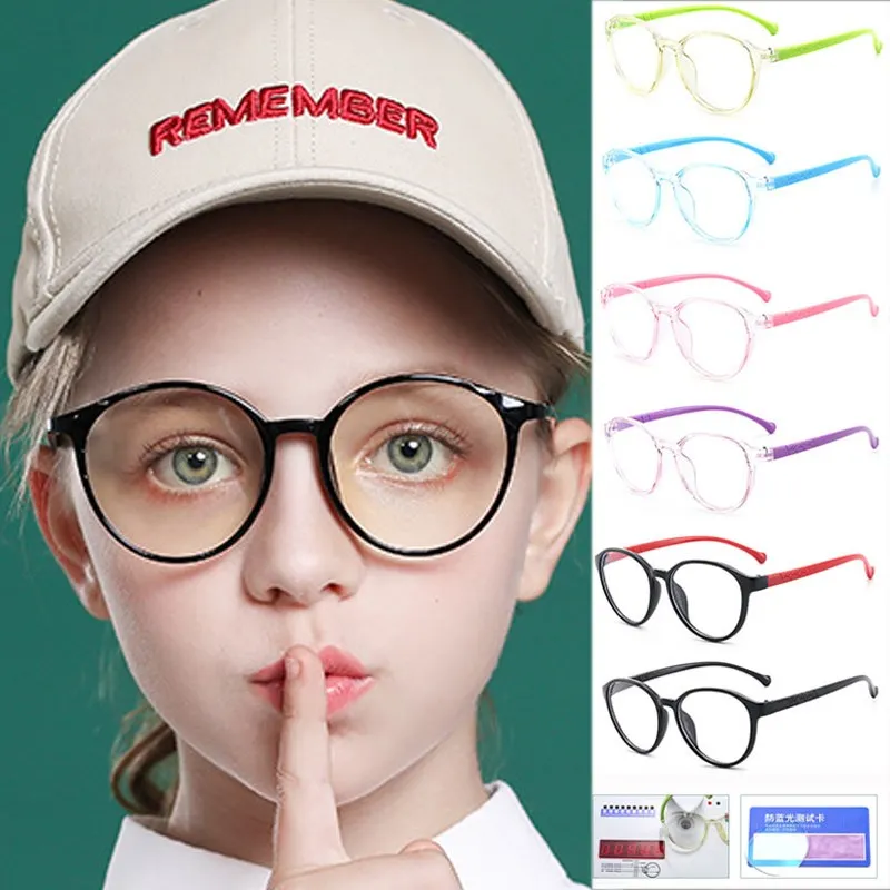 

With Case Boy Girl Game Reading Computer Protective Goggle Fashion Children Glasses Plain Kids Round Anti Blue Light Eyewear