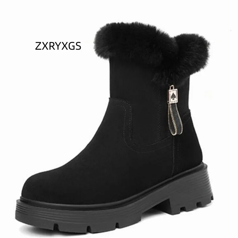 

ZXRYXGS 2024 New Cowhide Frosted Leather White Snow Boots Women's Fashionable Boots Winter Shoes Warm Plush Wool Boots Plus Size