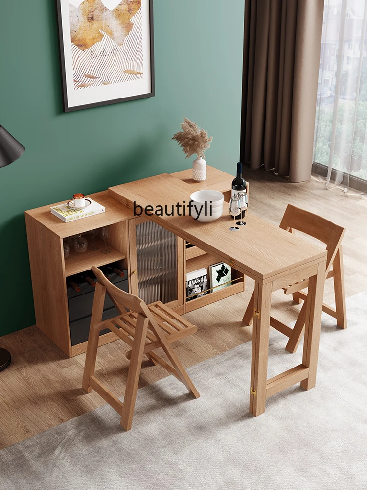 Solid Wood Multi-Functional Sideboard Cabinet Dining Tables and Chairs Set Integrated Modern Simple and Foldable Household