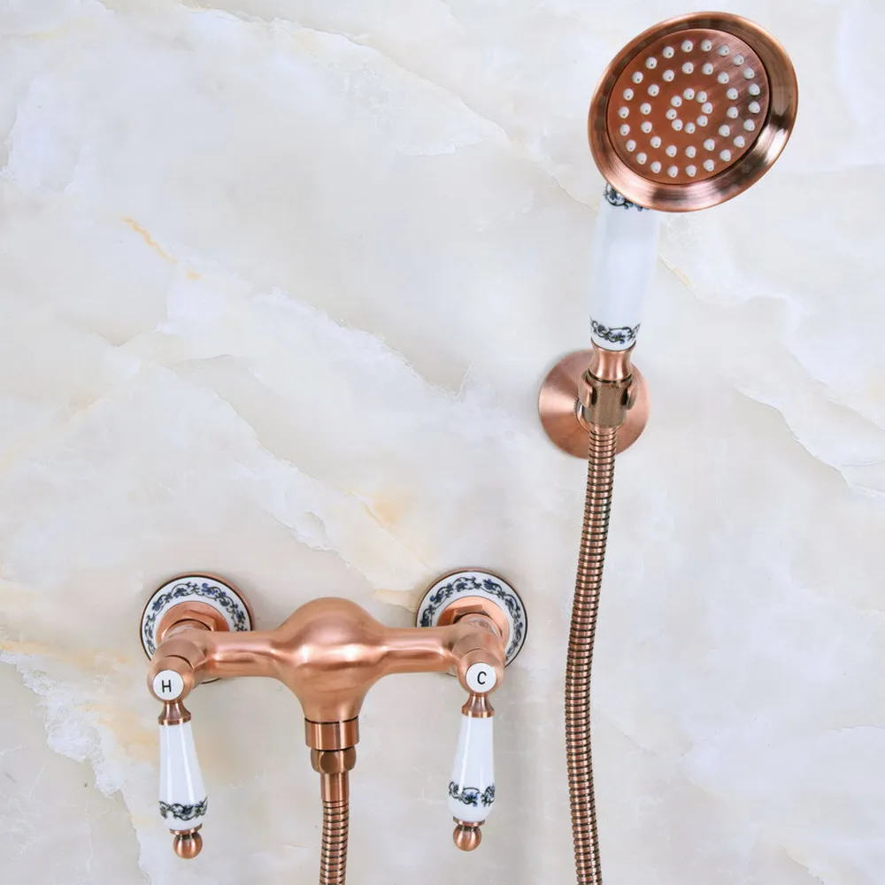 

Antique Red Copper Brass Bathroom Hand Held Shower Faucet Set Bath Mixer Taps ana302