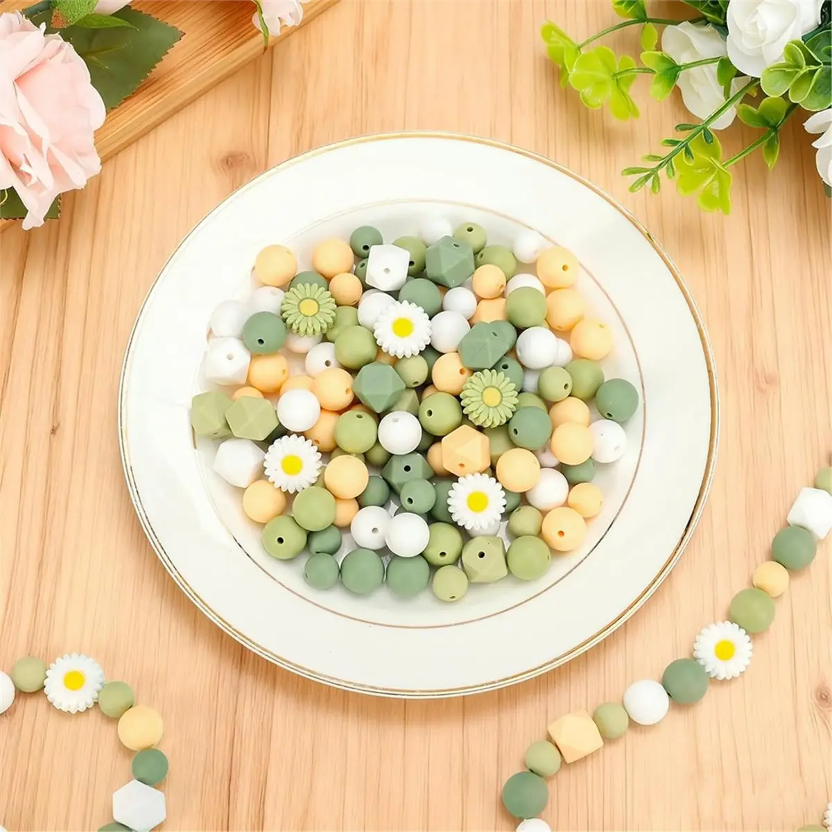 100 Pcs Daisy Flower Silicone Round Hexagon Loose Beads for DIY Crafts Jewelry Necklace Bracelet Keychain Making Green