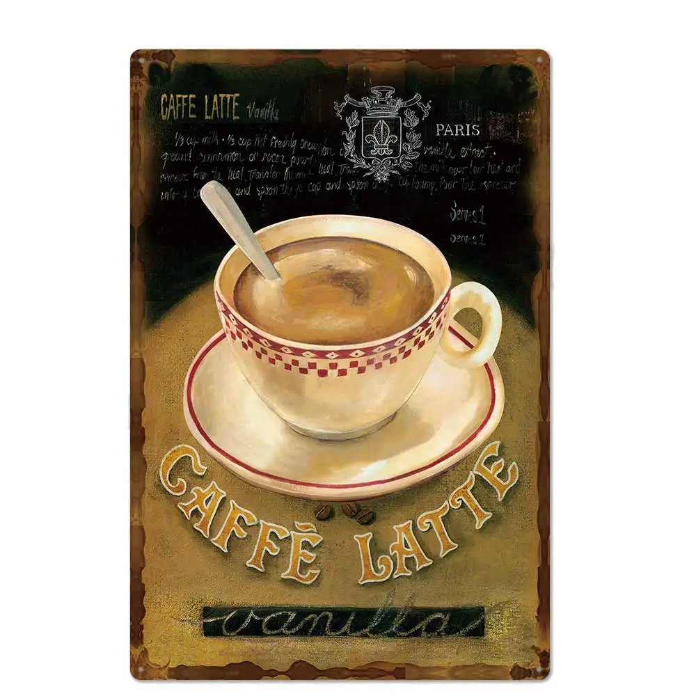 Retro Design Caffe Latte Tin Metal Signs Wall Art|Thick Tinplate Print Poster Wall Decoration for Kitchen/Cafe/Coffee Corner