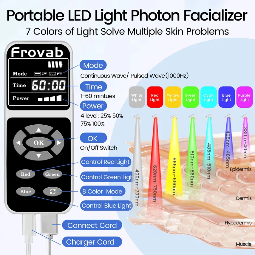 Frovab-led máscara facial 7 em 1, rosto beleza terapia dispositivo pdt para o rejuvenescimento da pele, cicatrizes de acne, linhas finas, acne