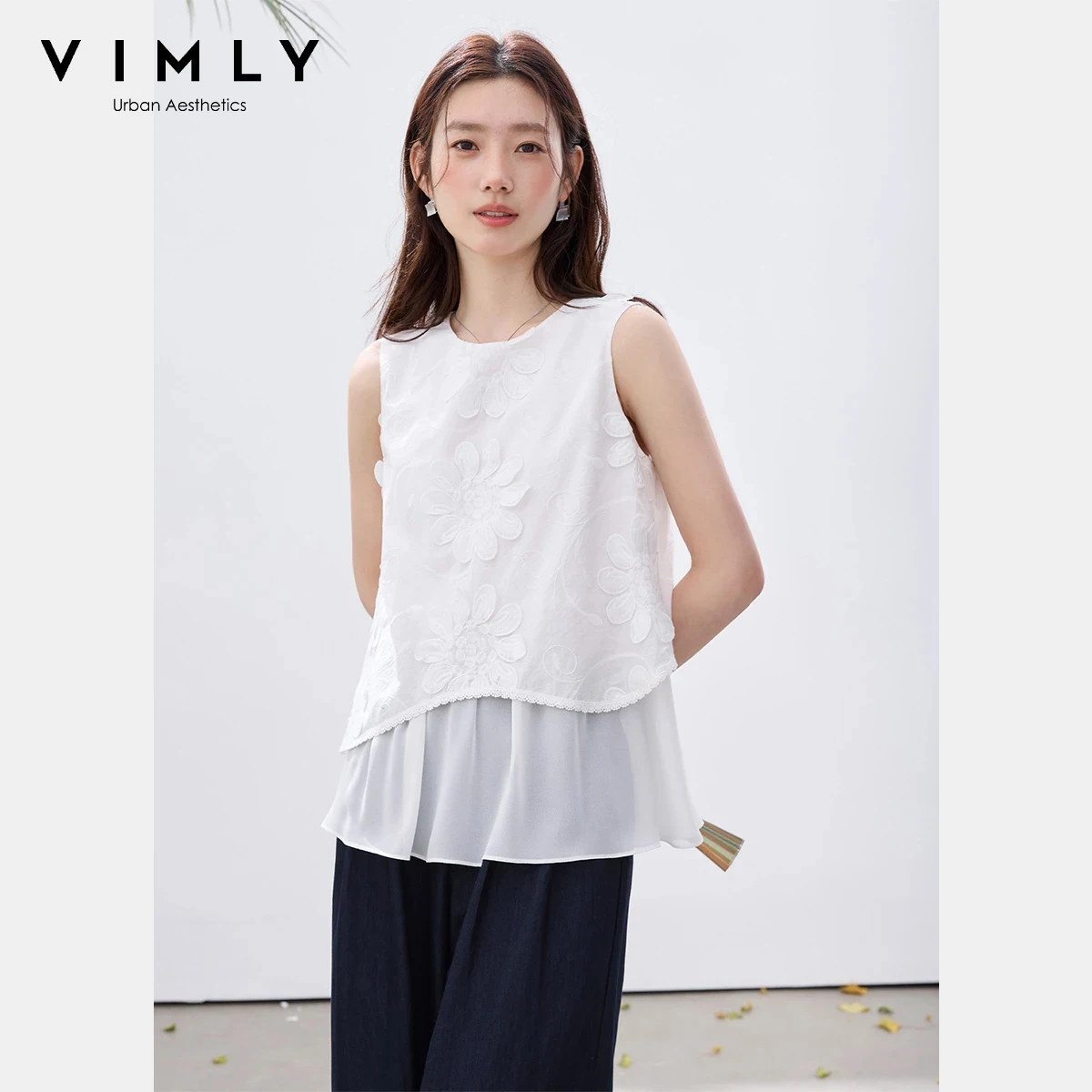 

VIMLY Fake Two-Piece Sleeveless Chiffon Blouse Women Elegant 3D Jacquard Embroidery Asymmetrical Patch Hem 100% Cotton Top A5218