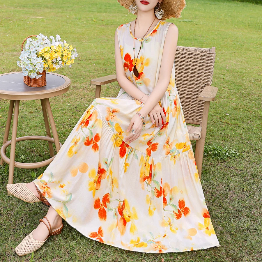 فستان نسائي طويل بوهو ، برقبة دائرية ، بدون أكمام ، مطبوع ، كبير ، شاطئ ، أنيق ، موضة جديدة ،