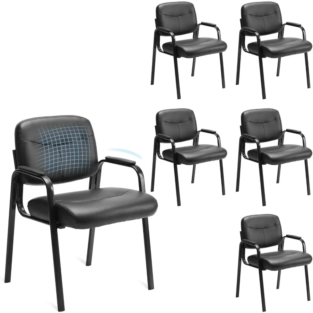 

Office Reception Guest Chair No Wheels Set of 6, Leather Stationary Waiting Room Chairs with Padded Arms