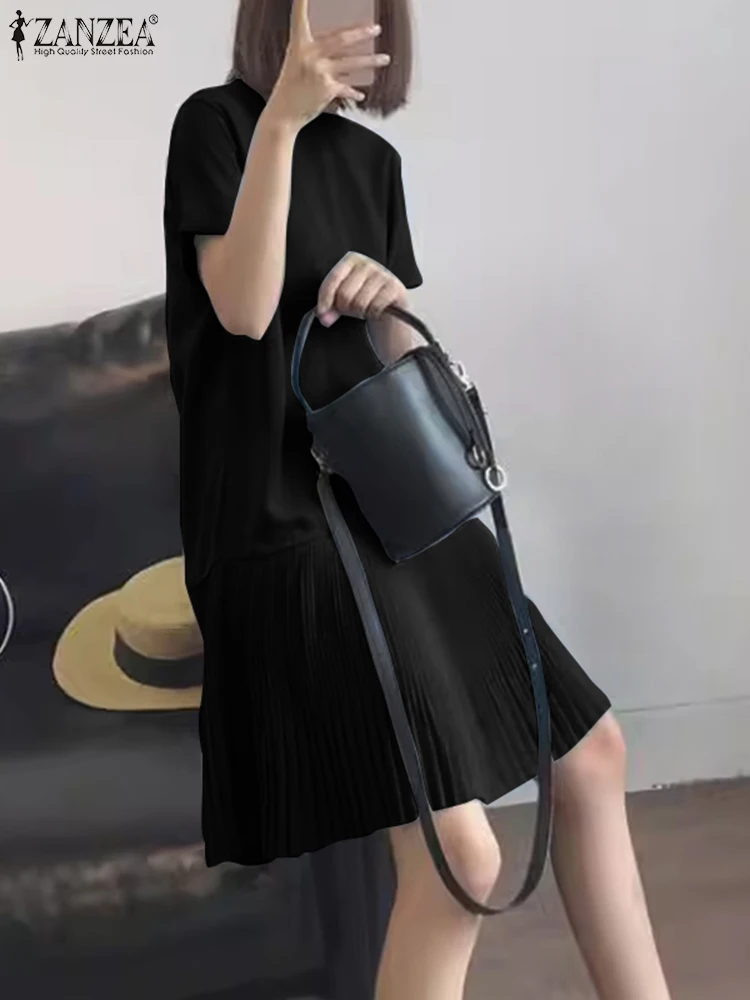 ZANZEA <ne2> Casual Solide Plissee Kleid Frauen Sommer Lose Kurzarm Knielangen Robe Koreanische Einfache Patchwork Vestido Oversize