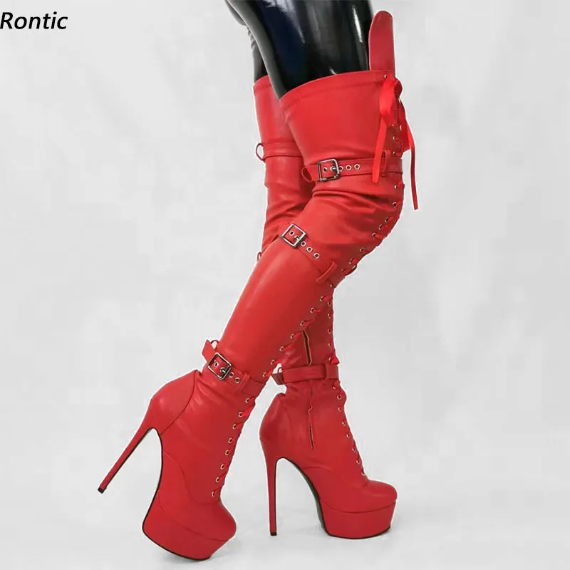 Rontic 2022 Women Winter Thigh Boots Faux Leather Buckle Strap Stiletto Heels Round Toe Pretty Red Pink Party Shoes US Size 5-20