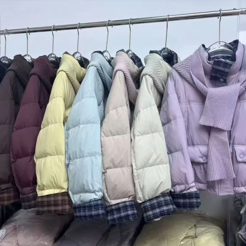 New Down Jacket Warm Stand Collar Patchwork Plaid Cuffs Women's White Duck Down Coat Short Knit Scarf Hat Thick Loose Outerwear