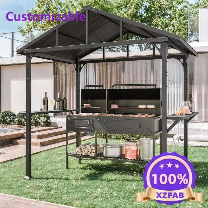 Factory Direct 2026 8' x 5' Hardtop BBQ Outdoor Gazebo,Waterproof Sloping Roof, Bar with Tool Hooks, Smoke-Venting Iron Canopy