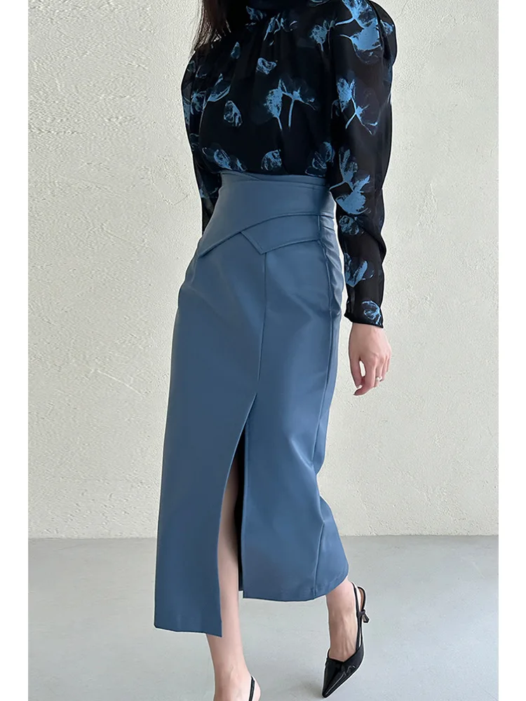 女性の不規則な革のスカート,ハイウエスト,スリット,小,ミドル丈,ヒップ,ストレート,新品,24