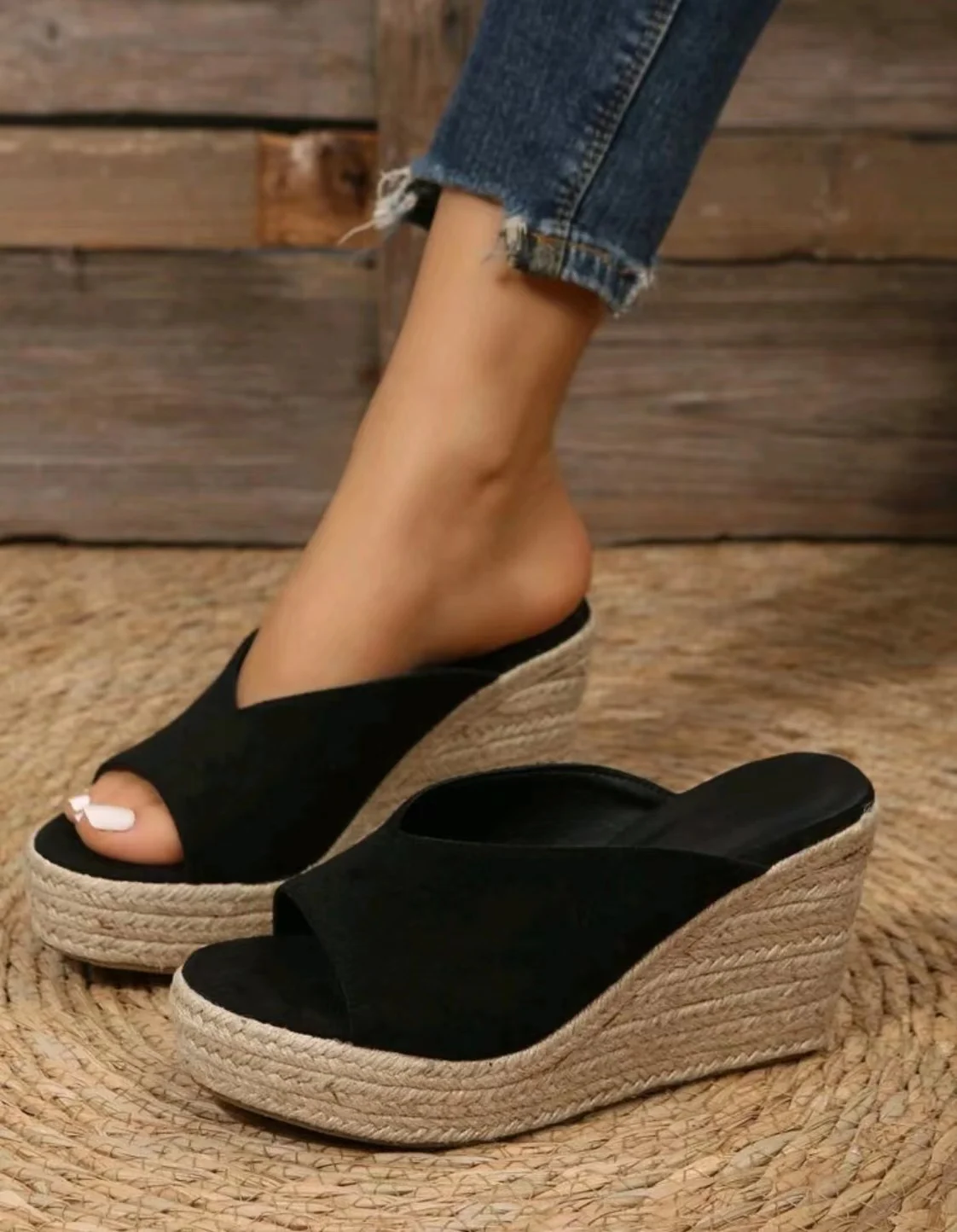 Women's Espadrille Wedge Sandals, Casual Peep Toe Slip On Platform Shoes, Outdoor Slide