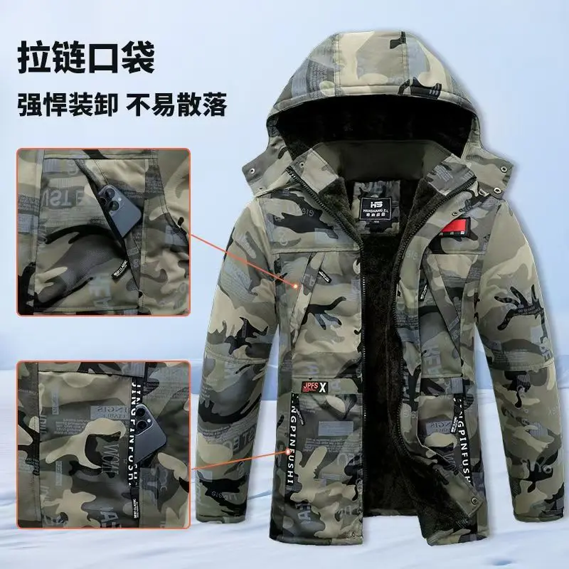 Winter Cargo Zip Up Camouflage Jacket Men Thicken Warm Parkas Hooded Cotton Clothes Fashion Wool Liner Coat