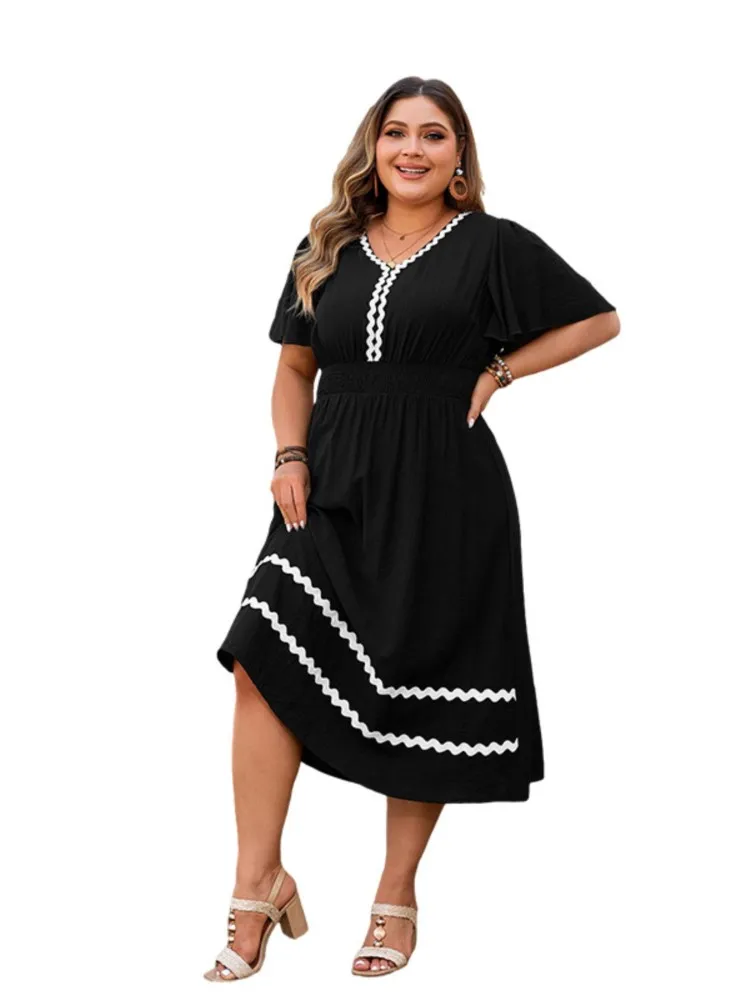 Plus Size Summer Striped Print V-Neck Dress Women Ruffle Short Sleeve Loose Pleated Ladies Dresses Elegant Fashion Woman Dress