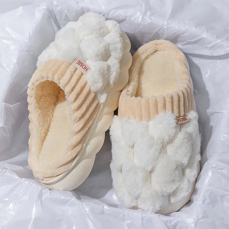 

2023 New Winter Cotton Slippers Non-slip Women Men House Slippers Warm Plush Couple Fluffy Flip Flops Unisex Platform Fur Slides