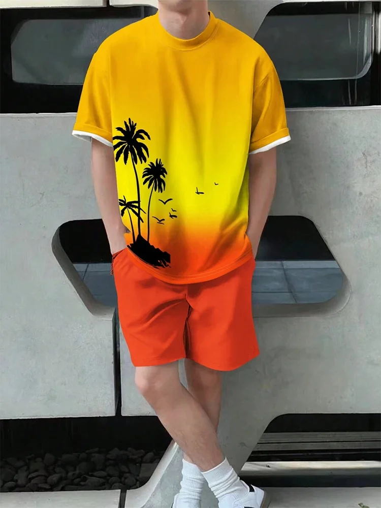 

Hawaiian Beach Printed Summer Men's T-shirt Set Sportswear 3D Clothing Short Sleeve Shorts Set Men's T-shirt Set Lightweight