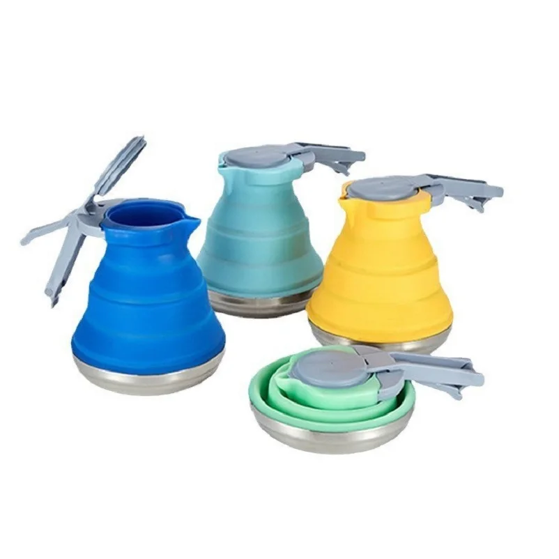 Outdoor Folding Silicone Water Kettle 1.2L Tea Boiler Portable Camping Kitchen Supplies Steel Bottom Boiling Water Kettle