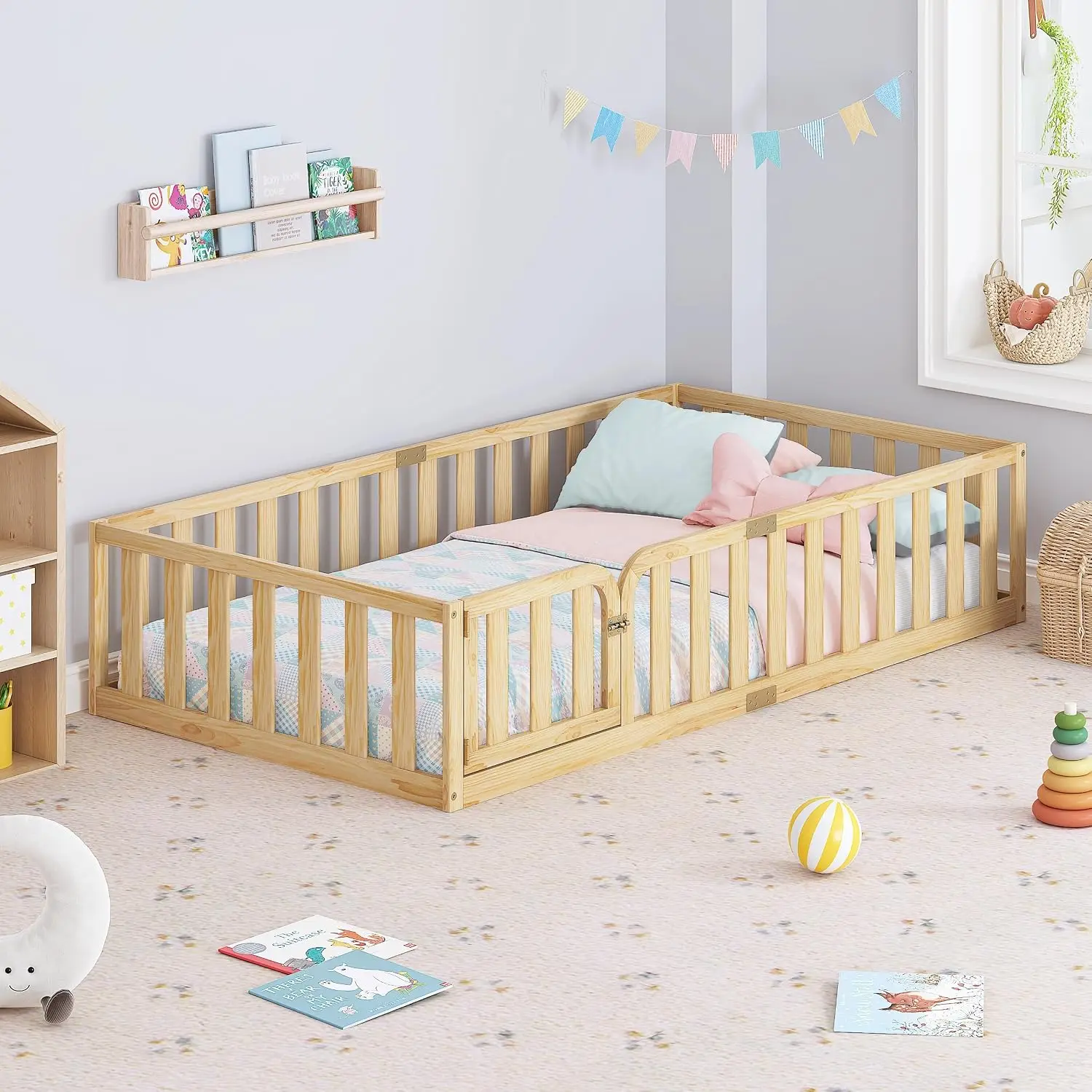 Twin Size Solid Wood Kids Floor Bed Frame Fence Door Montessori Low Ground Design Natural No Slats Boys Girls