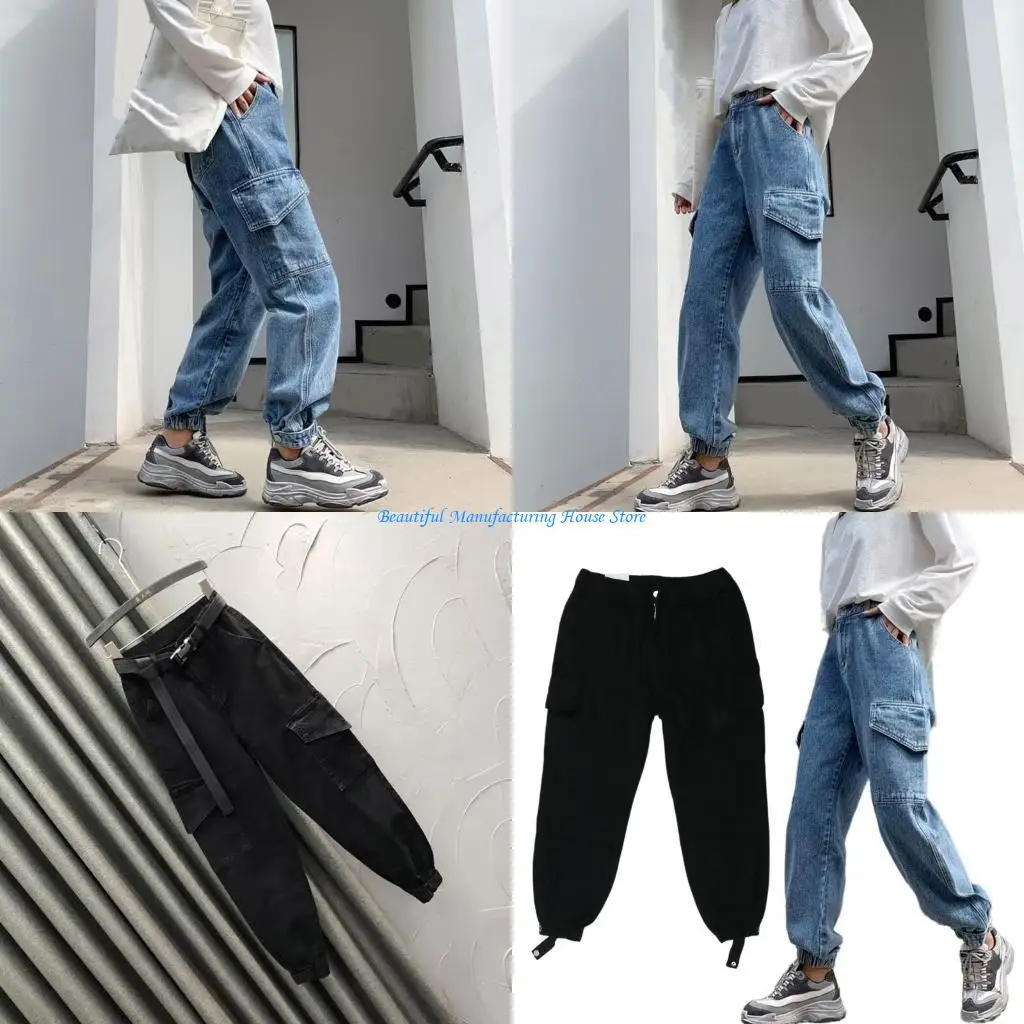 E56A Womens Elastic High Waist Loose Cargo Jogger Jeans Pant with Side Flap Pockets