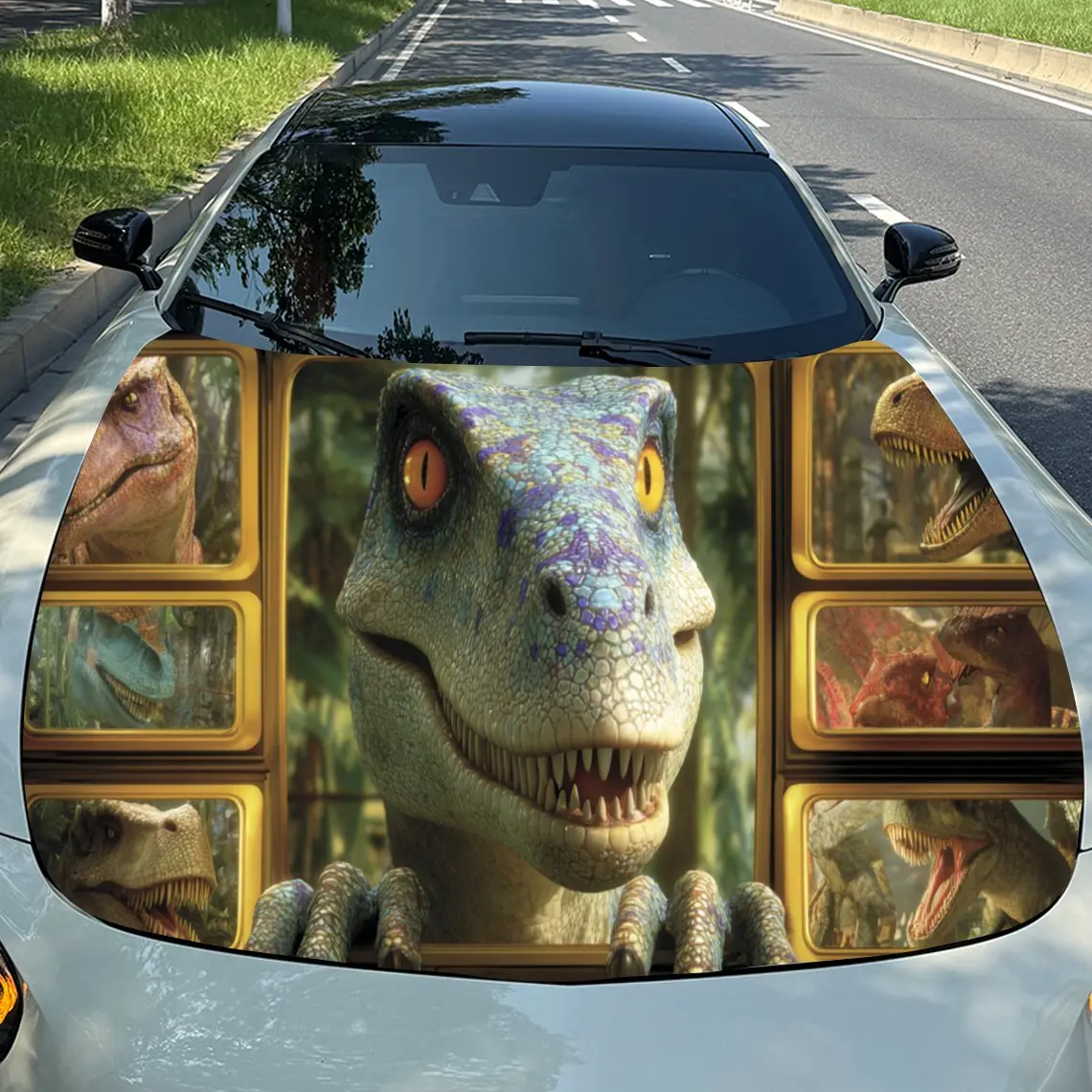 

Cool Dinosaur - Themed Car Hood Stickers - Self-Adhesive, Waterproof and Durable Vinyl Wrap, Decorate And Protect Your Car, Fit