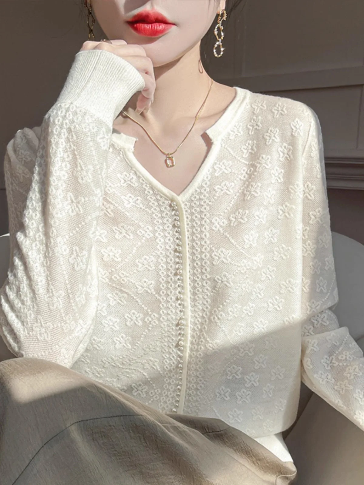 

Весна 2024, новинка, женская трикотажная основа, воротник-зажим, верхняя одежда с вышитыми бусинами, модная верхняя одежда свободного покроя, длинная одежда...