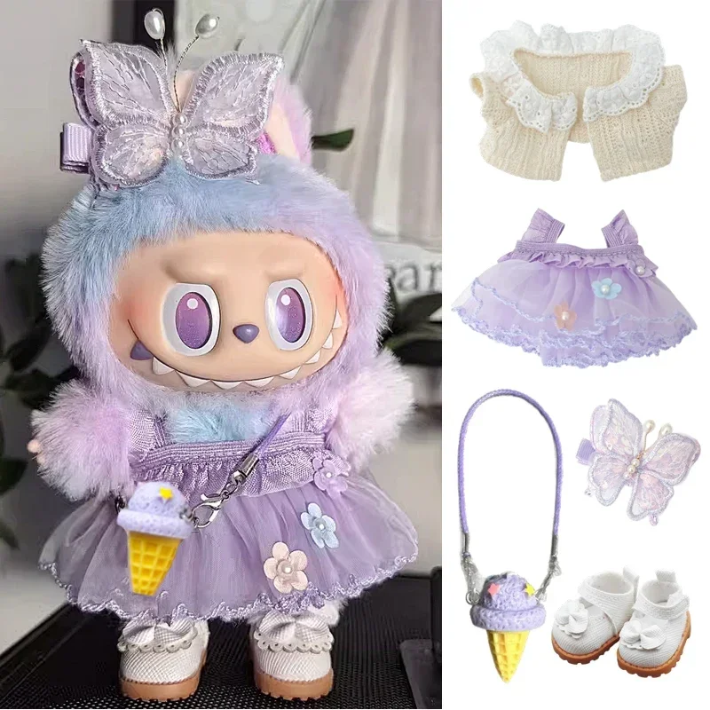 Für Labubu Puppe Kleid Lila Schmetterling Fee Rock Strickjacke 17 cm Plüsch Puppe Kleid Ersatz Für Labubu v1/v2/v3 Idol Puppe