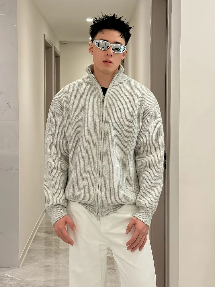 

Мужской вязаный свитер с высоким воротником и двойной молнией, повседневный, в стиле Cleanfit, для школы и кампуса, с длинными рукавами