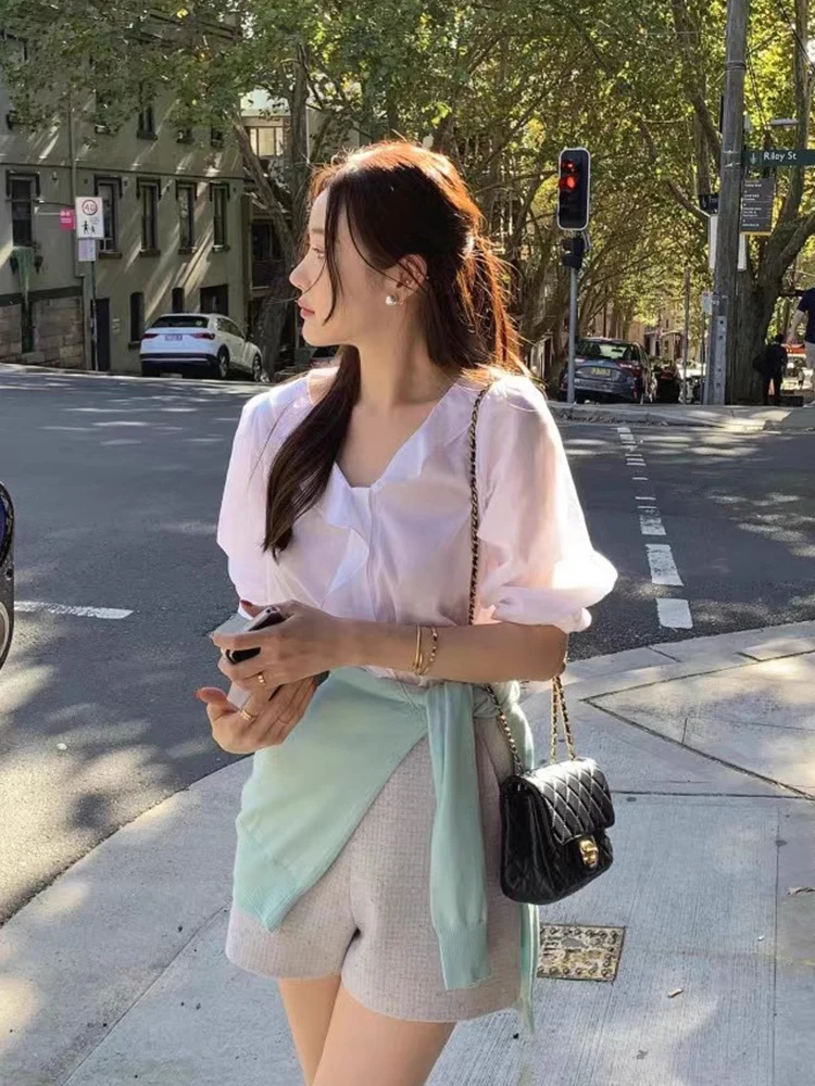 Chique lente zomer lang Sve V-Ne enkele knop casual losse veelzijdige kanten rand irt top anti-aging faion dames clo...