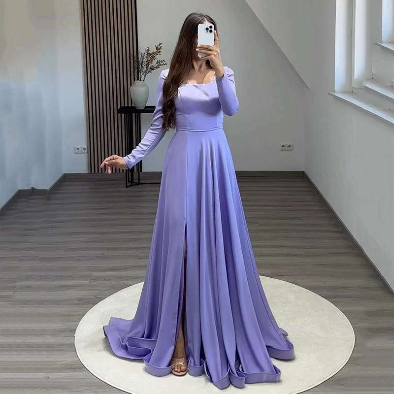 

Thinyfull Purple A-Line Prom Evening Dresses Long Sleeve O-Neck Satin Night Dress Saudi Arabia Cocktail Party Gowns Custom Size