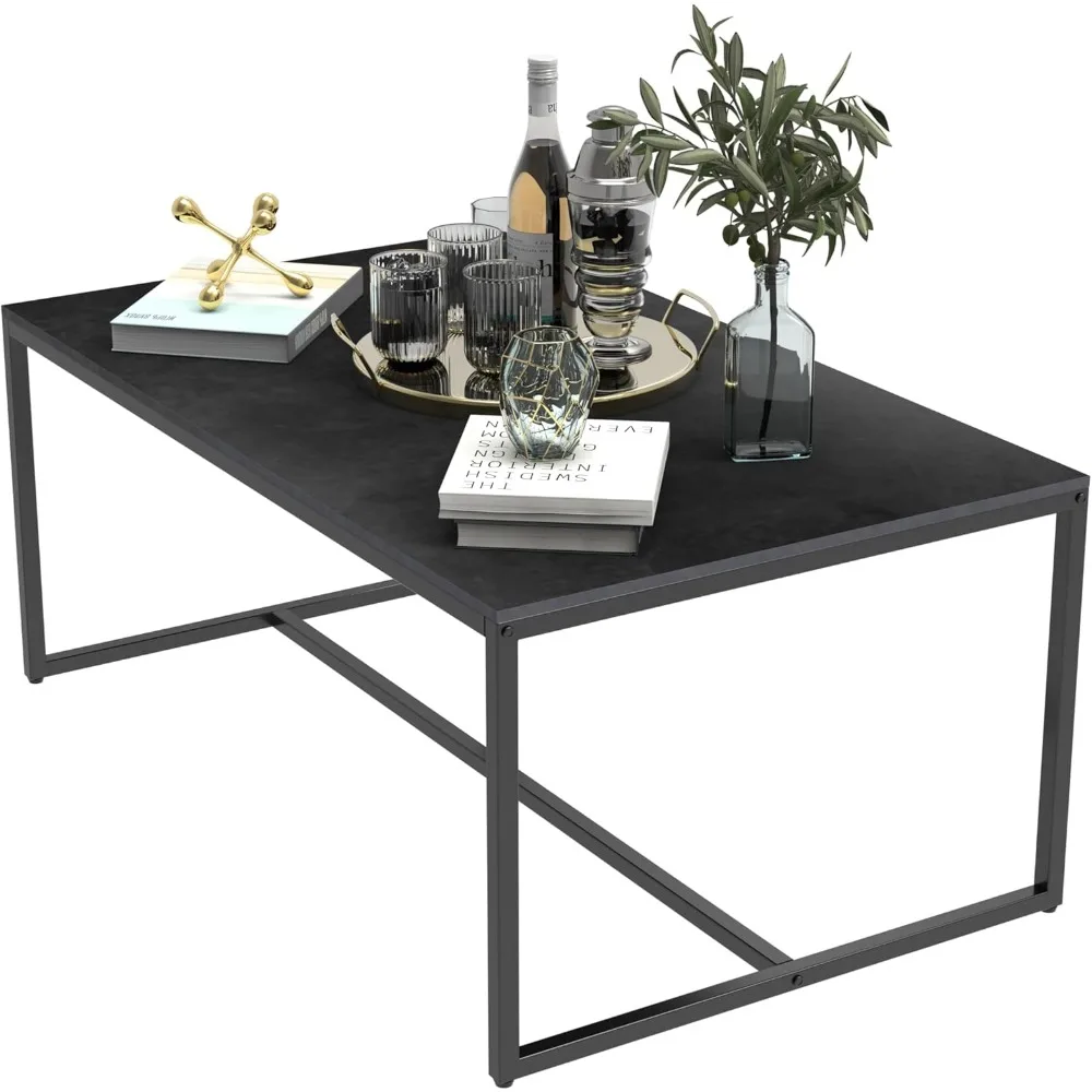 Sintered Stone Coffee Table: Black Sofa Center Table with Black Metal Frame - Rectangular Furniture Decor Table for Living Room