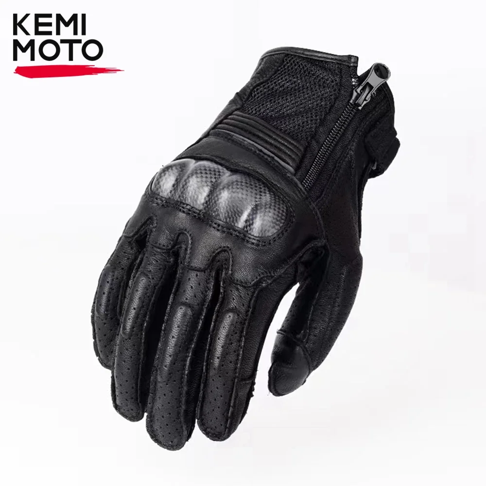 KEMIMOTO Vintage Leather Motorcycle Gloves Carbon Fiber Moto Riding Supplies Touch Screen Motorbike Retro Gloves Men For Touring