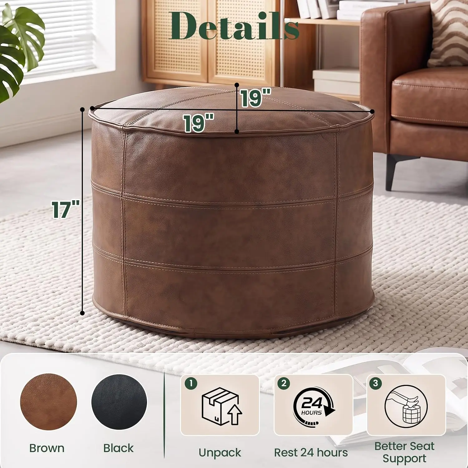 Genuine Leather Ottoman Pouf Footstool Round Brown, Customized