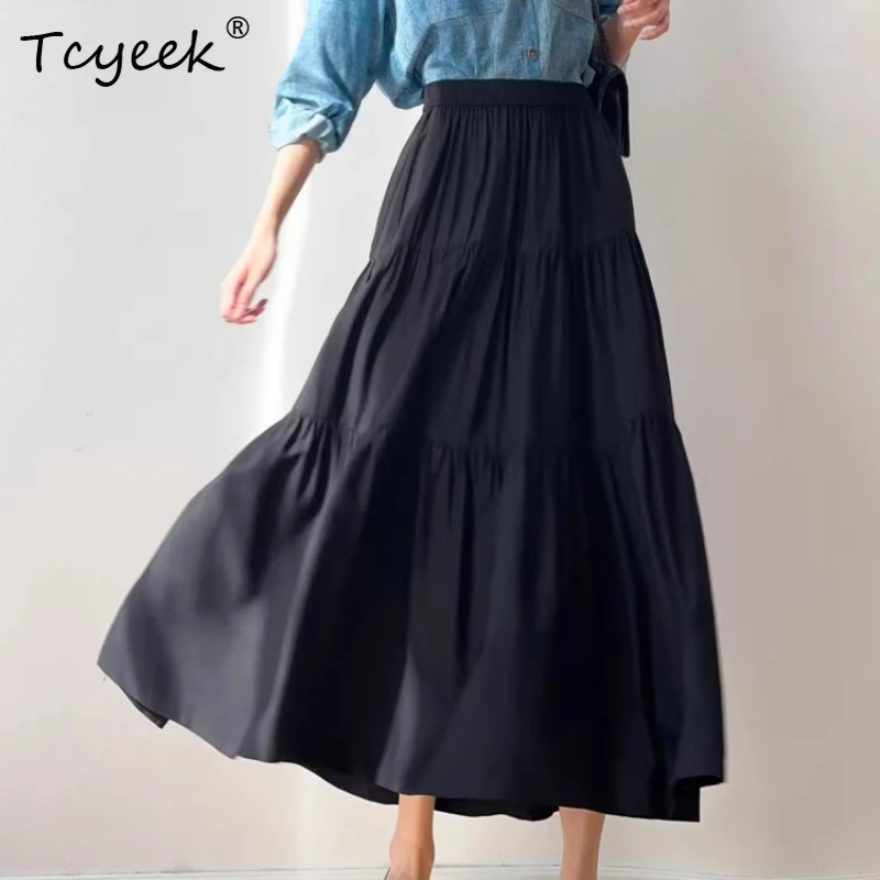

Tcyeek 70% натуральный шелк, длинные юбки для женщин, весна-лето 2026, элегантная черная юбка с эластичной талией, женская одежда, Vestido De Mujer