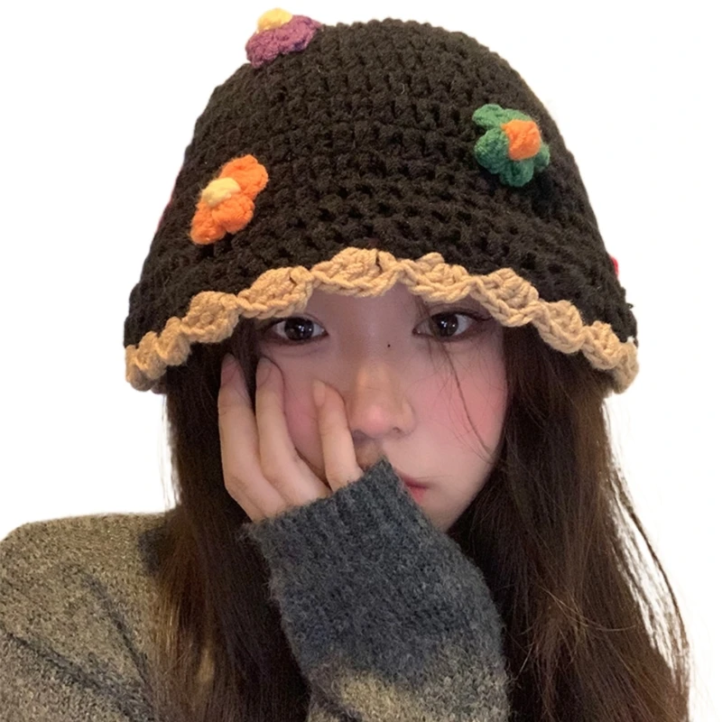 Womens Colorful Flower Bucket Hat 3D Flower Knit Fisherman Hat Autumn Winter Outdoor Short Brim Sun Drop shipping