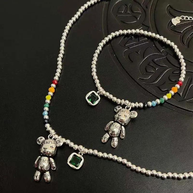 Silver Color Necklace Charm Bracelet Jewelry Colorful Round Beads Design Cute Bear Zircon Pendant Party Jewelry sl208