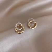 Gold Color Double Hoop Geometric Stud Earrings Sparkly Inlaid Rhinestone Earrings Female Fashion Light Luxury Ear Jewelry