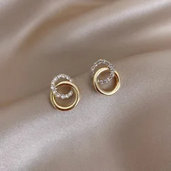 Gold Color Double Hoop Geometric Stud Earrings Sparkly Inlaid Rhinestone Earrings Female Fashion Light Luxury Ear Jewelry
